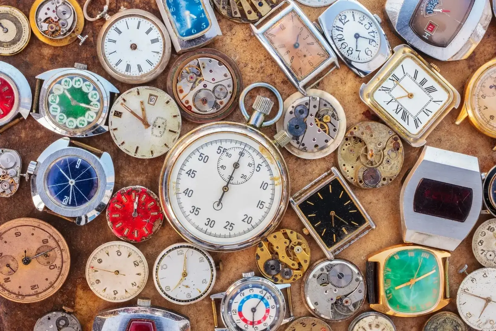 Assorted vintage watch faces and mechanisms