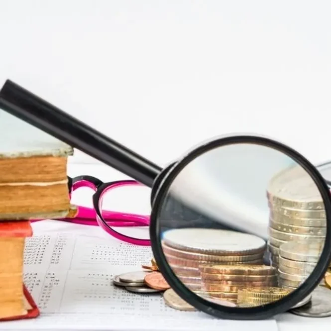 Magnifying glass over stacked coins and books