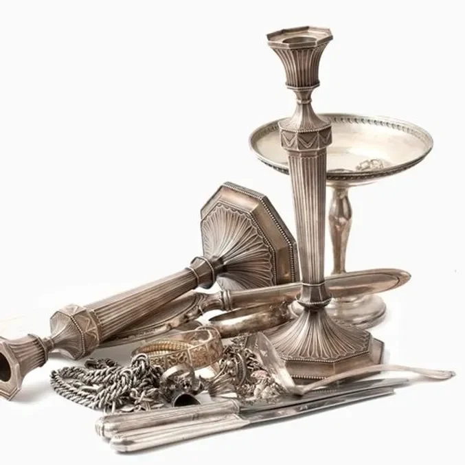 Elegant vintage silver items display